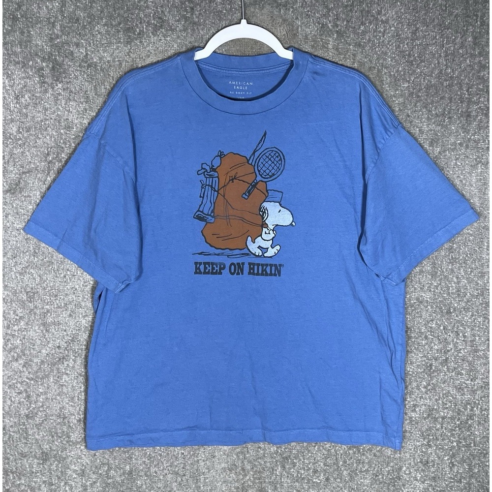 American Eagle 2025 Peanuts Snoopy Keep On Hikin Boxy Fit T-Shirt Mens Sz L Blue